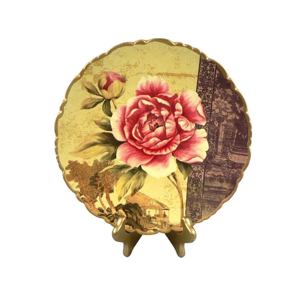 Asian Decorative Plate and Easel Rose Floral Scallop Edge